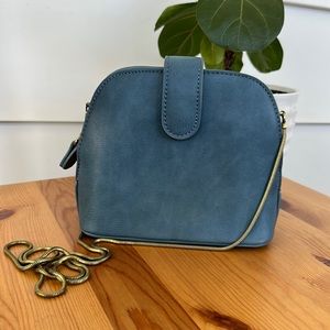 Anthropologie Blue Faux Leather Art Deco Crossbody Bag with Gold Chain
